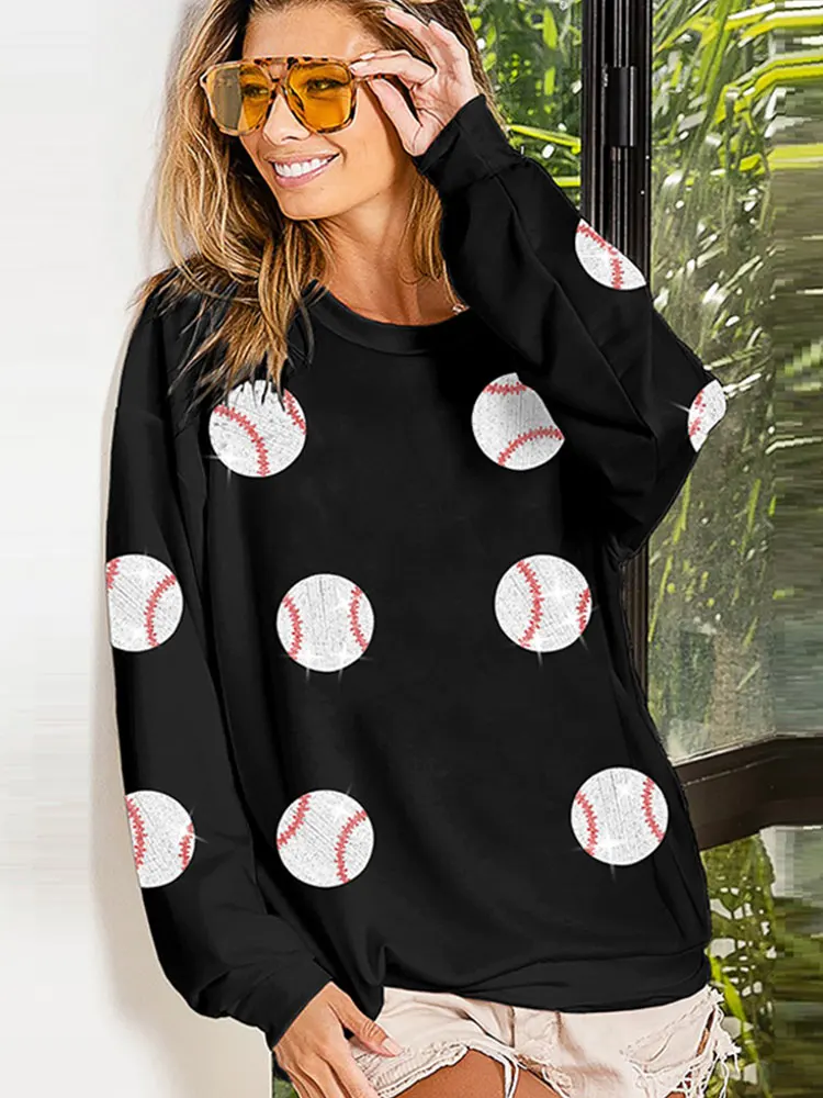 Sudadera con capucha de béisbol con lentejuelas para mujer, media cremallera, manga larga, parches de rugby, sudadera con capucha para el día del juego