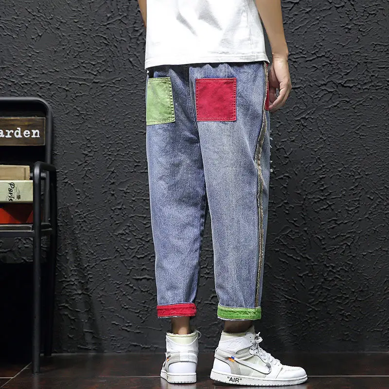 Spring Summer New Fashion Button Zipper Ankle Length Pants Man High Street Casual Loose Cotton Pocket Hole Patchwork Trousers