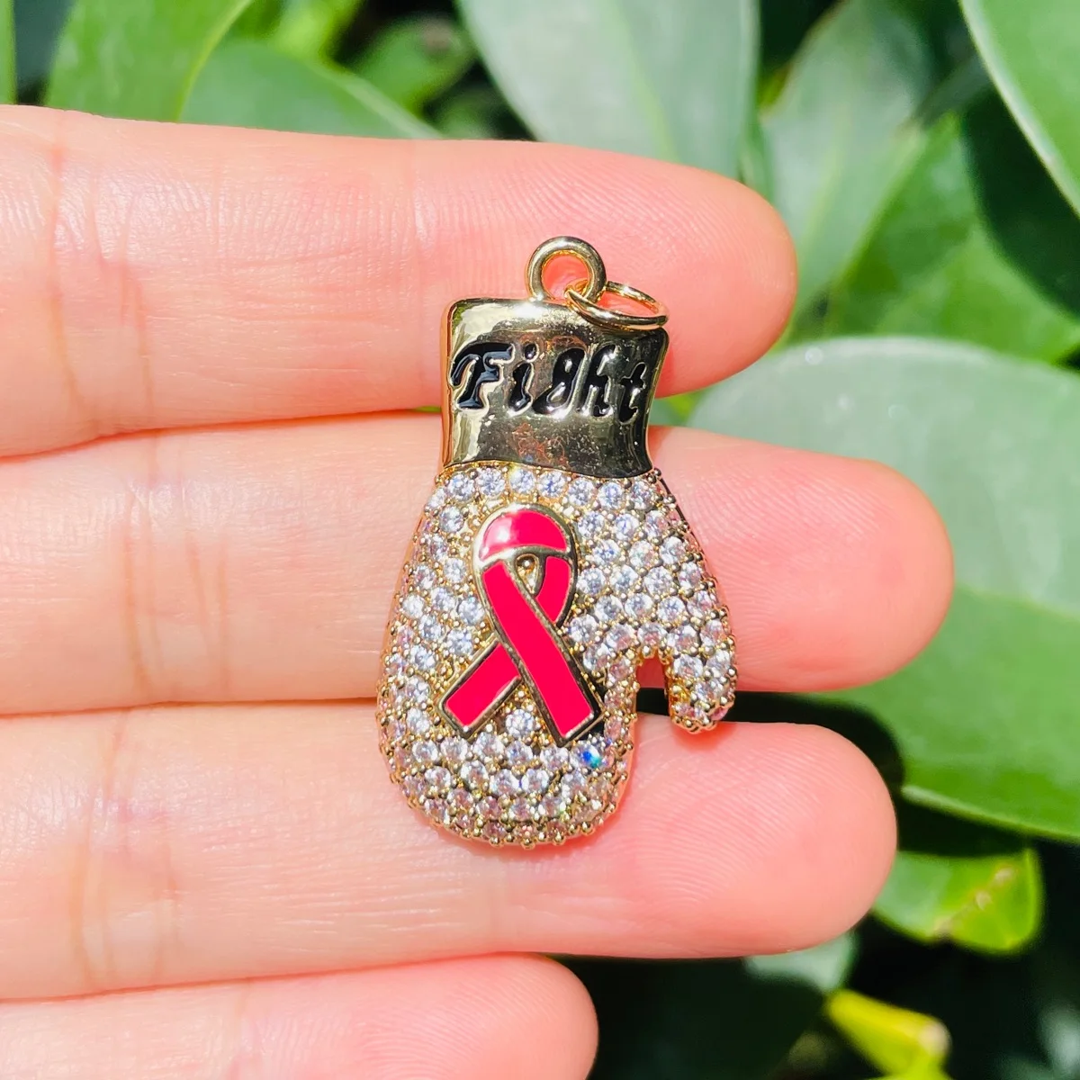 5pcs Pink Ribbon Fight Gloves Charms Breast Cancer Awareness Gold-Plated Micro Pave Pendants for Women Bracelet Necklace Making