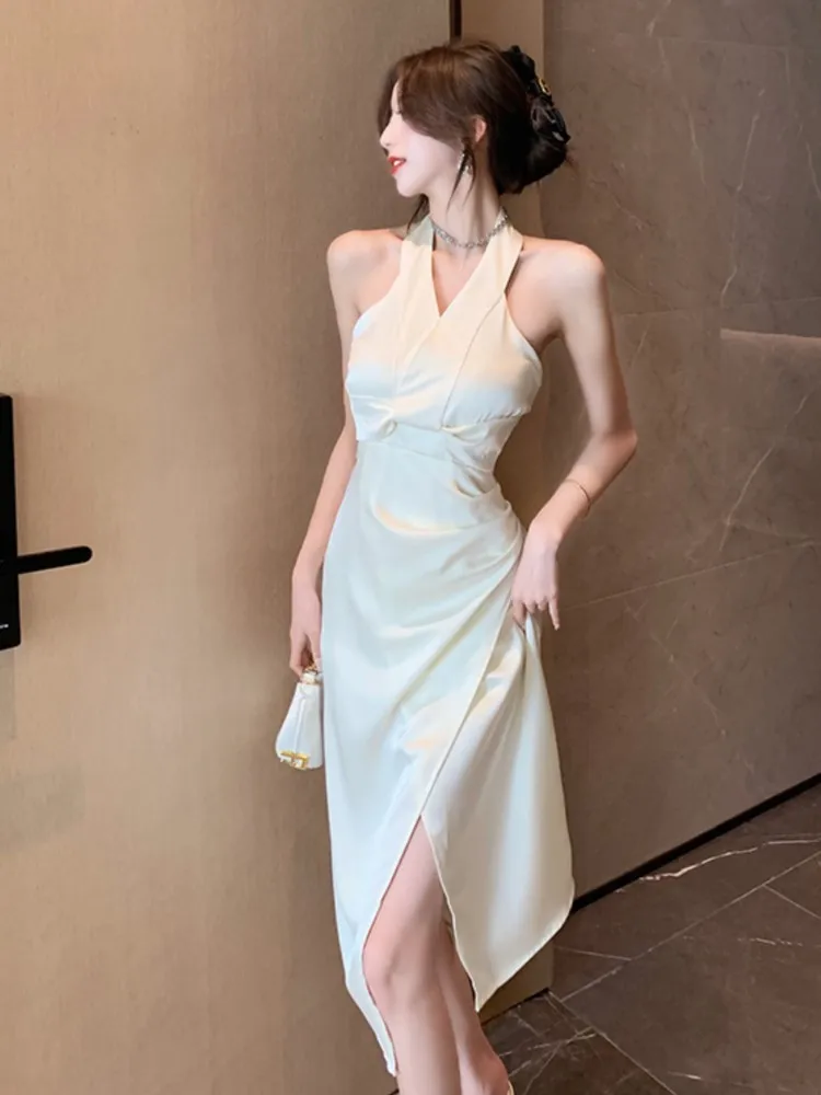 

Summer Elegant Strapless V-Neck White Forged Sleeveless Neck Halter Dress Women's Birthday Party Dresses Women's Office Wear