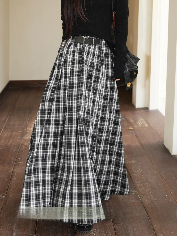 

Retro Plaid A-Line Skirt Women's Thickened Spring New Style High Waist Straight Cut Skirts Casual Polyester Fiber Skirt