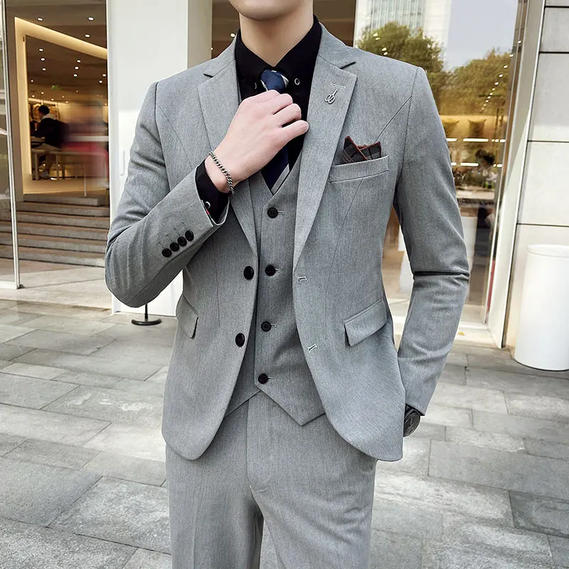 

Autumn and Winter British Korean Slim-fit Men (suit + Vest + Trousers) Fashion Casual Two-button Solid Color Three-piece Set