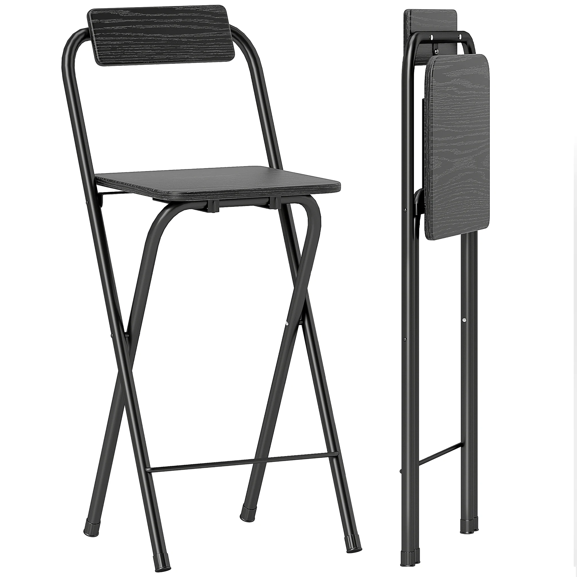 HOMCOM Lot de 2 tabourets de bar pliables avec dossier et repose-pieds, cadre en acier, 87 cm de haut, noir