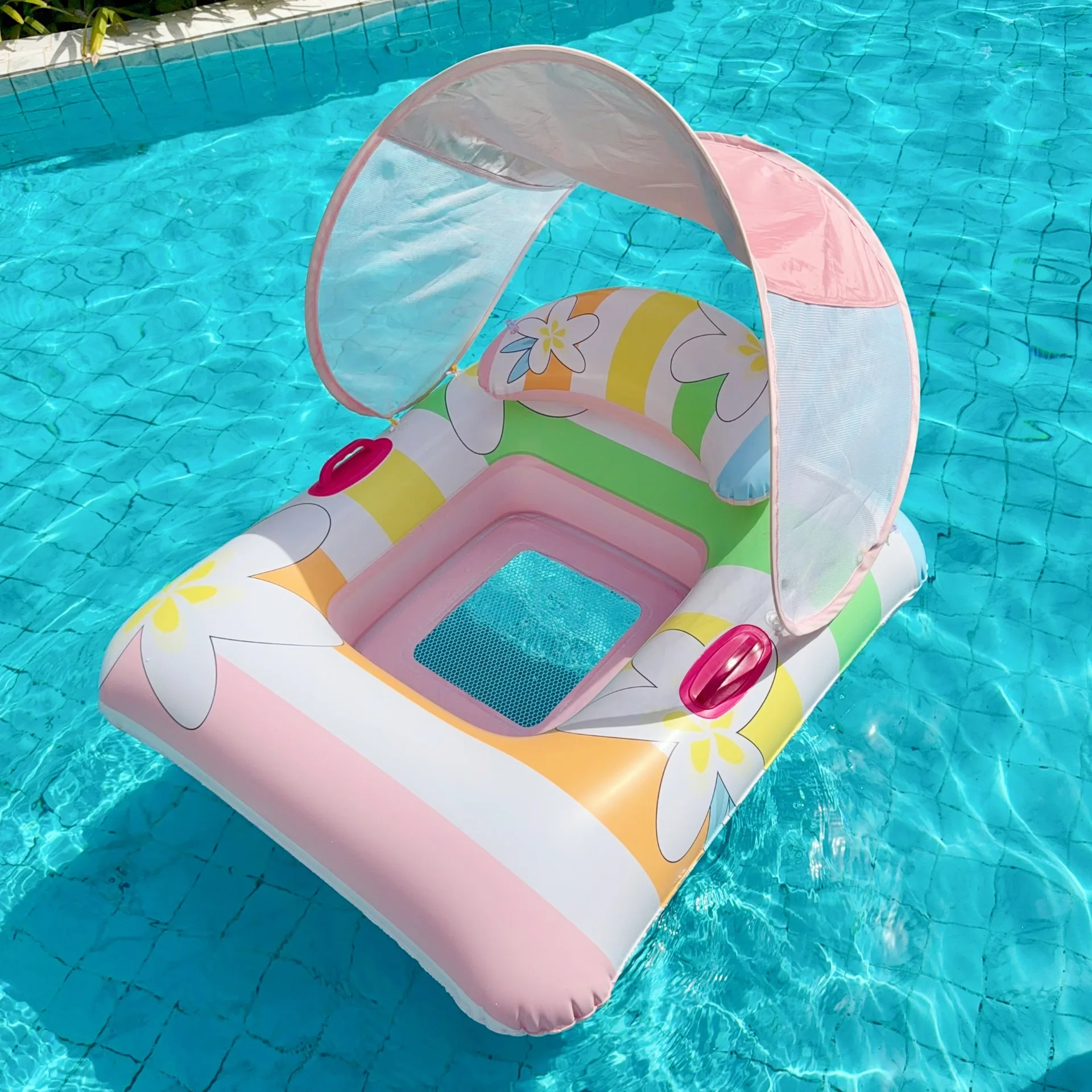 Inflatable Pool Float with Sun Canopy Water Hammock Mesh Lounge Chair with Handles Anti-Flip Swimming Floating Mattress Bed