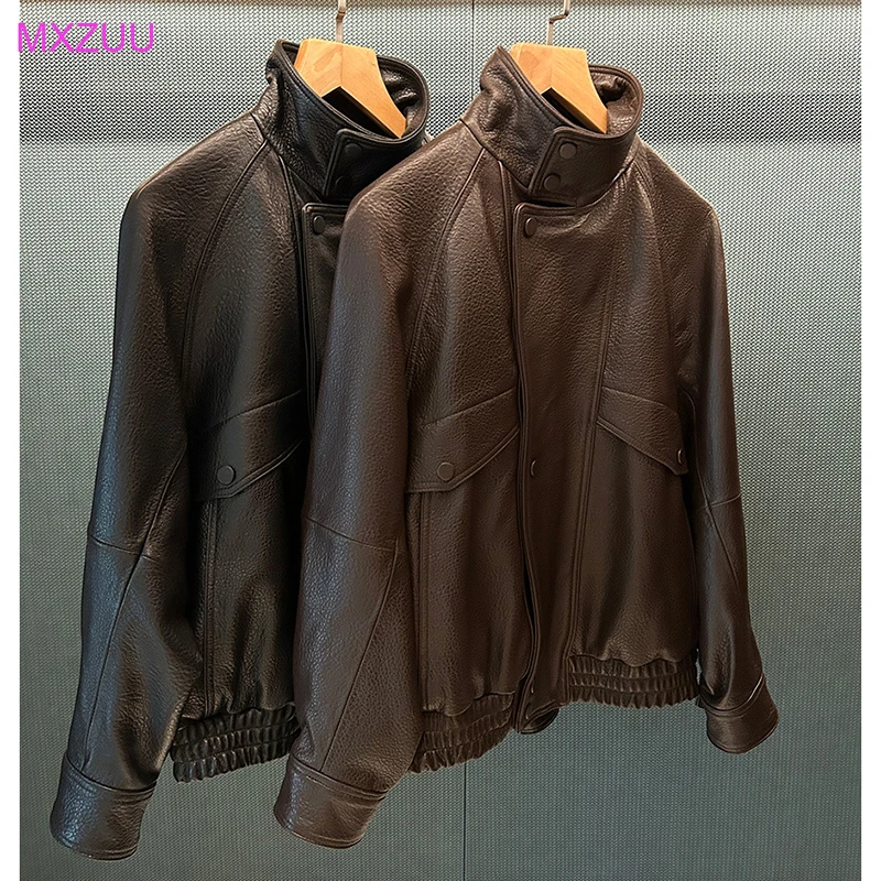 

Genuine Sheepskin Coat Fall Winter Women Bubble Leather Stand Collar Oversized Loose Fit Vintage Brown Motorcycle Bomber Jacket