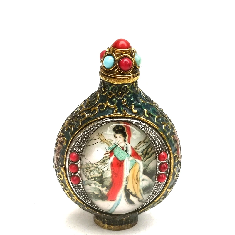 

YIZHU CULTUER ART Size 7.9 cm Old China Cloisonne Bronze Carving Inlay Beauty Figure painting Snuff bottles Collection