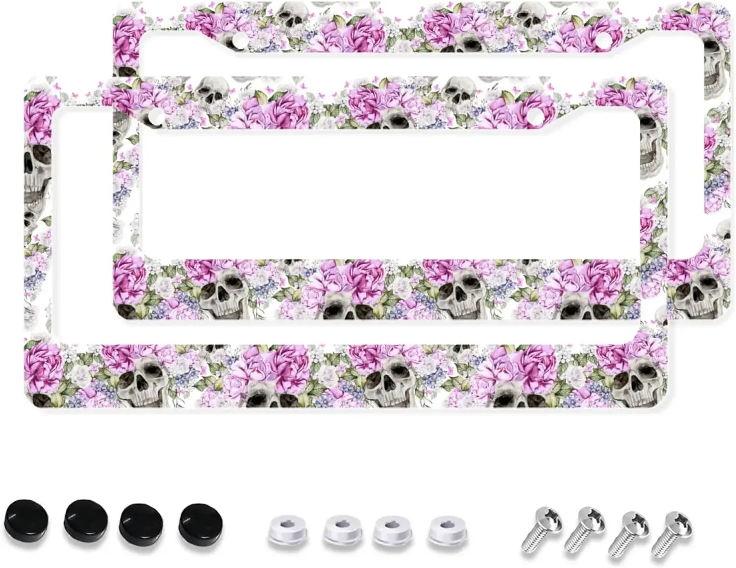 Funny Pink Floral Skull License Plate Frame 2 Pack License Plate Holder with 2 Holes Car Tag Frame for Women Men US Vehicles