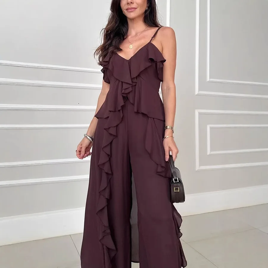 Tweedelige sets Damesoutfits 2023 Zomer Effen kleur Chiffon V-hals Hemdje Ruche Rechte pijpen Broek Bijpassende sets