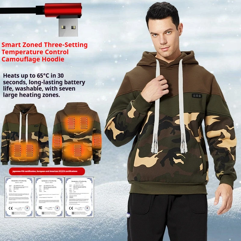 Mens Heated Hoodie Jacket Velvet Fleece Color Block 7 Zone Heating Three Level Temperature Control Winter Outdoor Thermal Coat