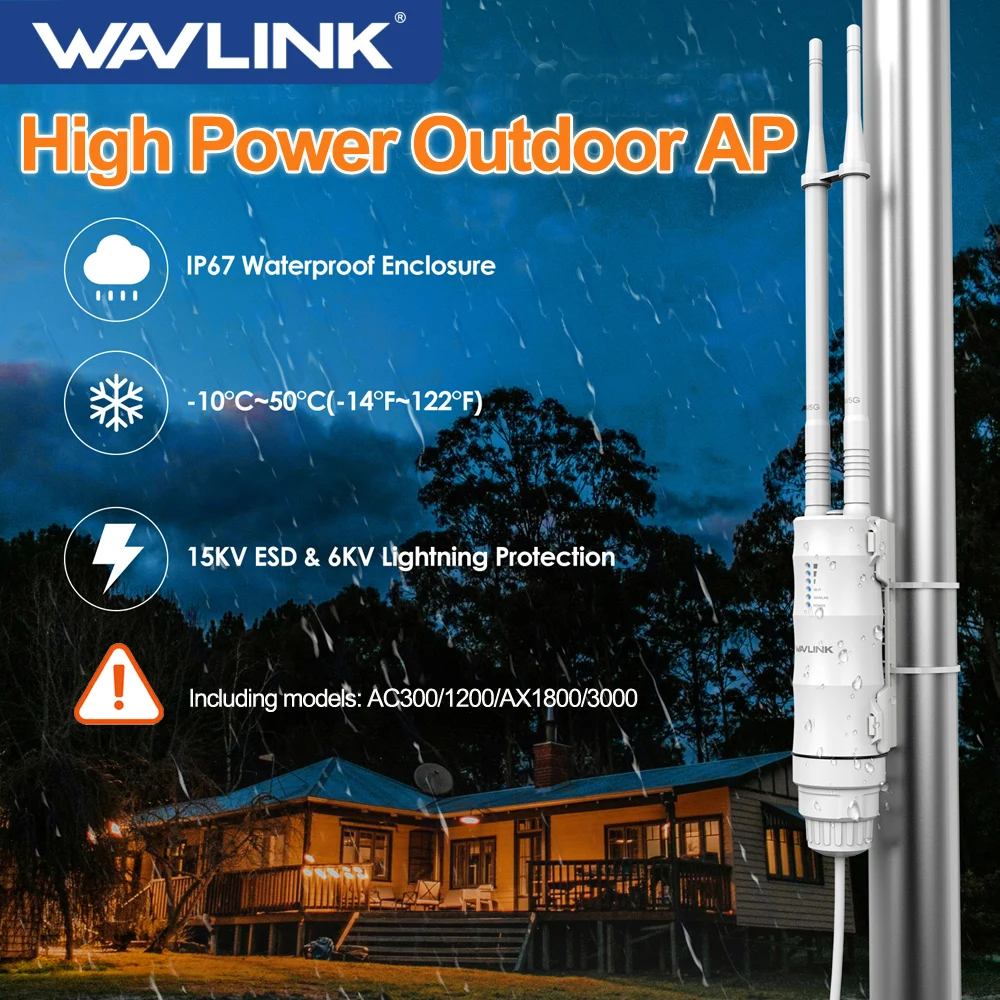 WAVLINK High Power Long Range Outdoor Weatherproof WiFi Range Extender AC300/1200/AX1800/3000 Outdoor IP67 Mesh AP/Repeater POE