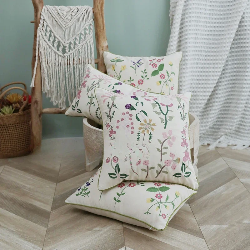 30x50/45X45CM Floral Embroidery Throw Pillow Countryside Stamping Waist Cushion Cover Decor Home Decorative Pillowcase