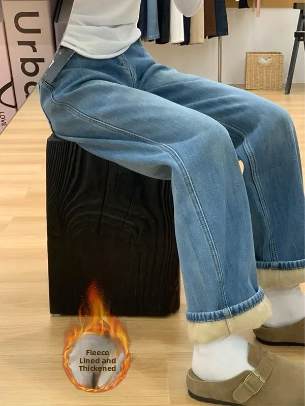 

Джинсы женские прямые с высокой талией, на подкладке, весна-осень, новинка, узкий крой, утягивающие, для полных, широкие штанины...