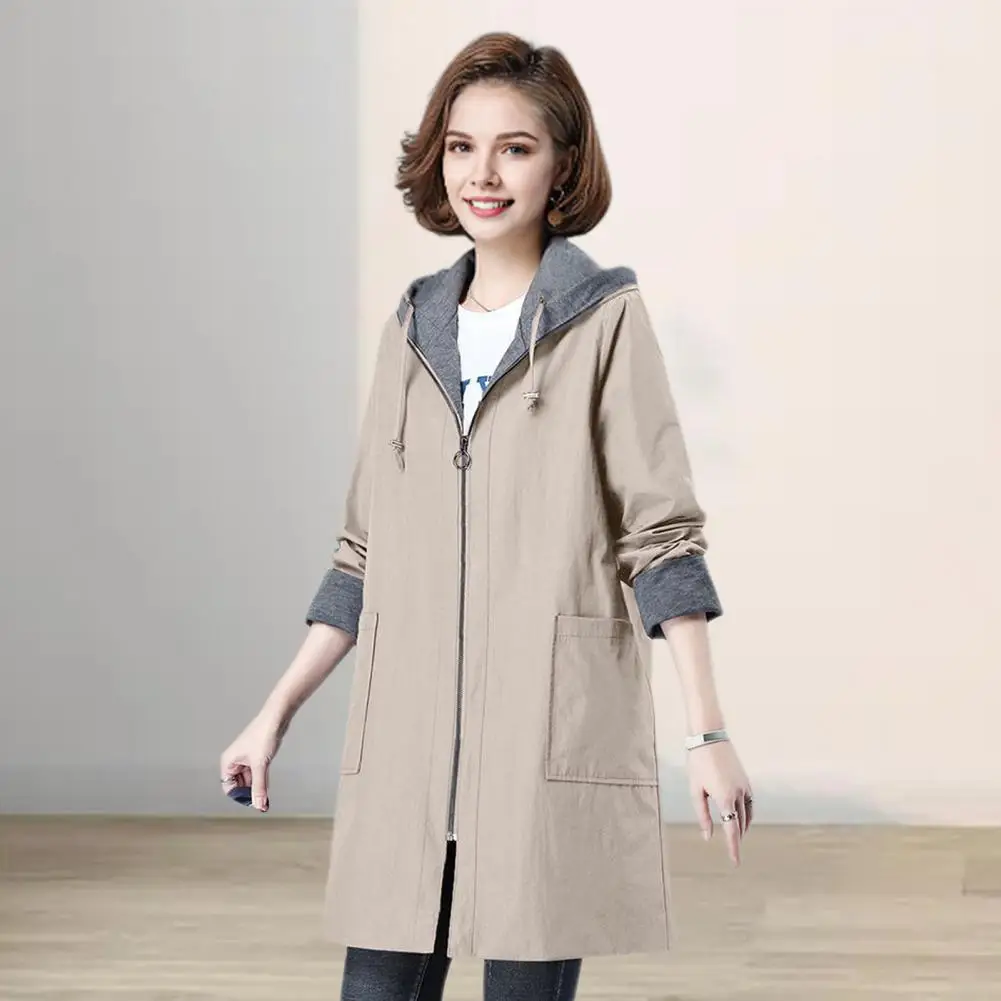 

Spring Fall Women Jacket Hooded Long Sleeves Drawstring Zipper Closure Windbreaker Mid Length Windproof Warm Coat