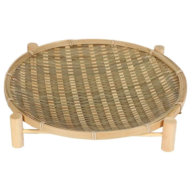 Handmade Woven Bamboo Fruit Basket Food Bread Organizer Kitchen Storage Decorative Round Plate With Bracket