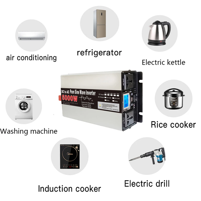 Imagem -05 - Inversor de Onda Senoidal Pura dc 12v 24v para ac 220v 110v Inversor de Energia 48v 5000w 4000w Conversor de Carro Solar Display Lcd Viagem ao ar Livre