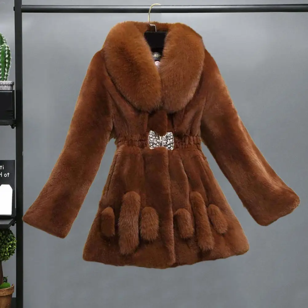 

Women Autumn Winter Thick Plush Overcoat Lapel Long Sleeve Elastic Waist Buckle Design Artificial Fur Warm Coat