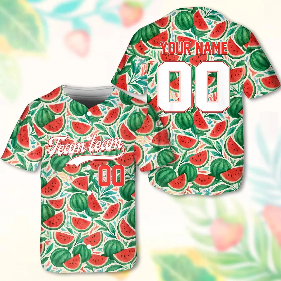 

Custom Orange Watercolor Fruit Print Baseball Jersey Personalized Name Number Button Down Uniform Polyester Unisex Sports Tees