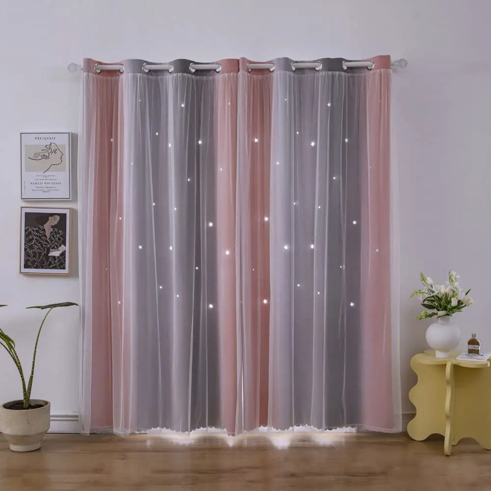 Rainbow Star Cutouts Blackout Curtains for Bedroom,Living Room Decor,Darken Double Layer Window, Cute Grommet Curtains, 2 Panels