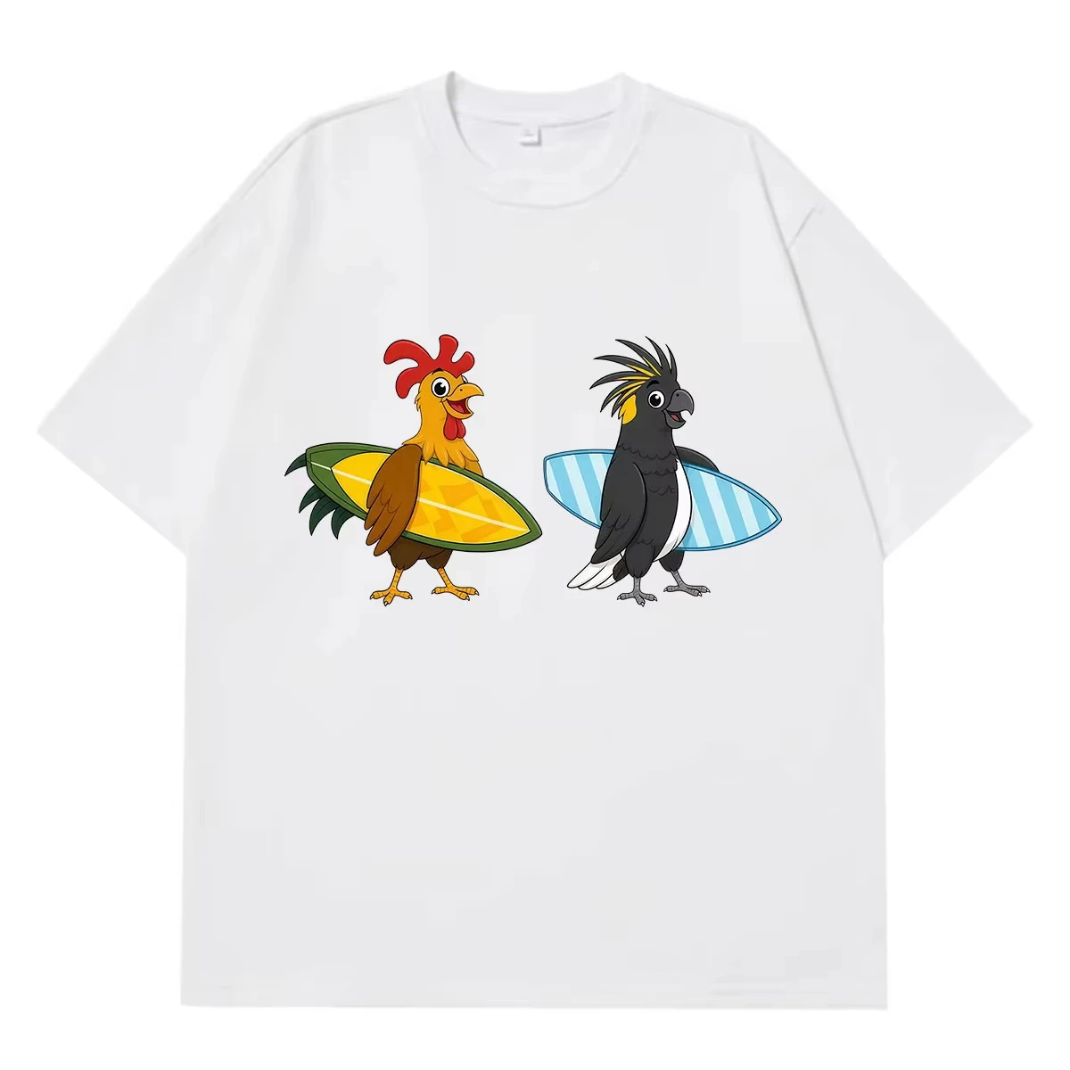 Surfing Beach Bird and Chicken Funny Meme T Shirt Men Fashion Casual T-shirt Short Sleeve Oversized Cotton T-shirts Streetwear