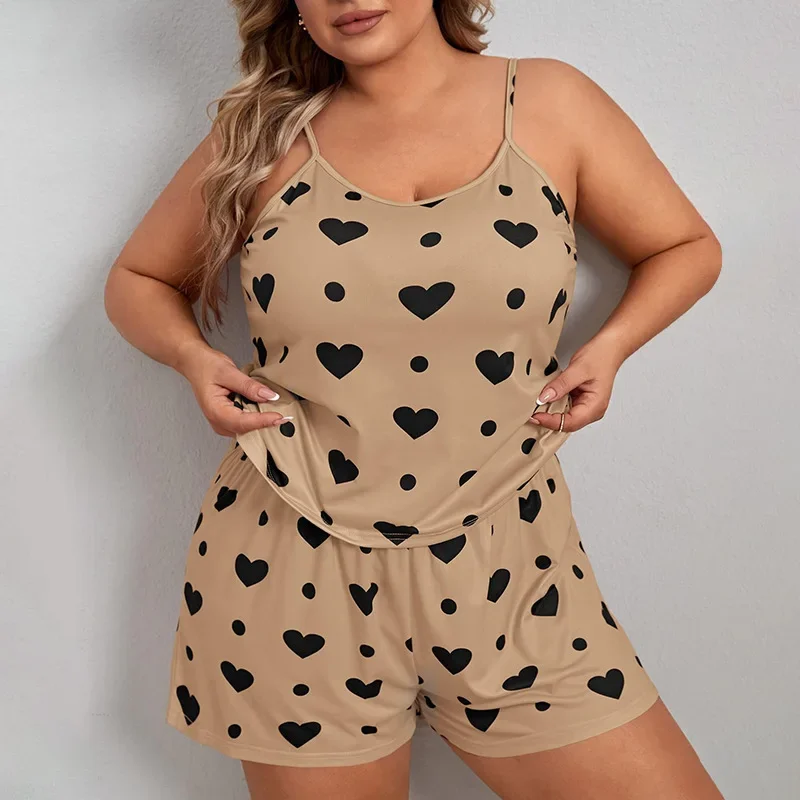 Plus Size Heart Print Women Pajama Set Sleeveless O Neck Crop Top & Elastic Waist Shorts 2 Pieces Female Sleepwear Nightwear