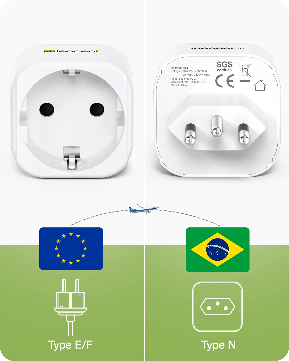 LENCENT 2er-Pack Reiseadapter Netzteil Typ N Brasilien, Europa Deutsch 2 Pin auf BR 3 Pin Reisesteckeradapter für Brasilien Steckdose
