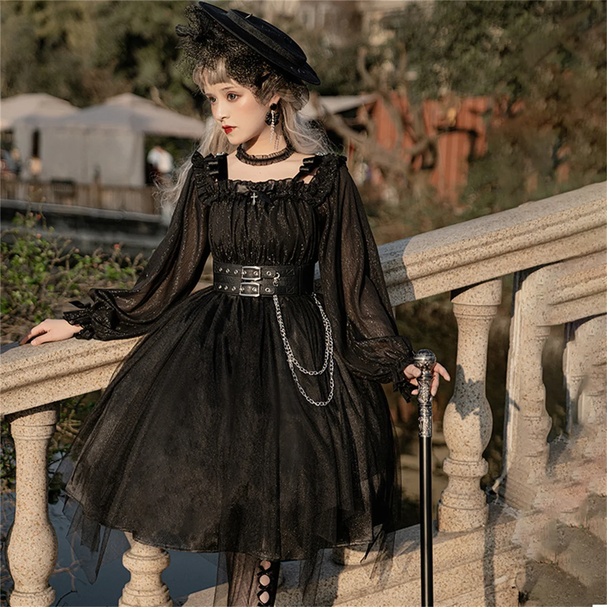 

Retro British Style Op Lolita Sweet Girls Cosplay Mesh Cross Bow Waistband Tunic Metal Chain Puff Sleeves Irregular Hem Dress