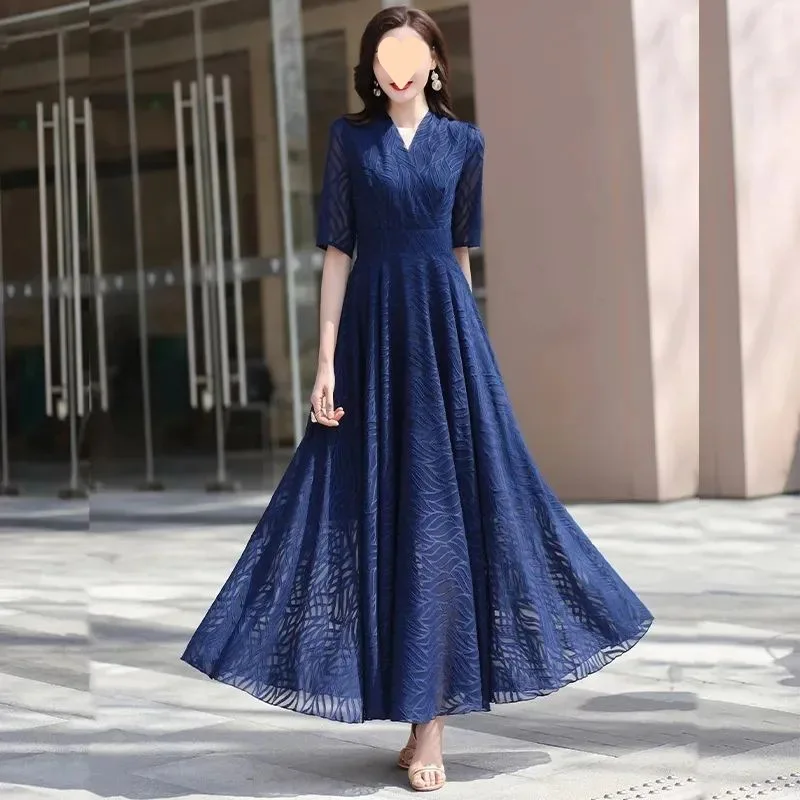 Spring Long Flying Sleeve Slim Zipper Chiffon Dress Formal Occasion Dresses For Women 2024 New Casual Clothes For Women Summer