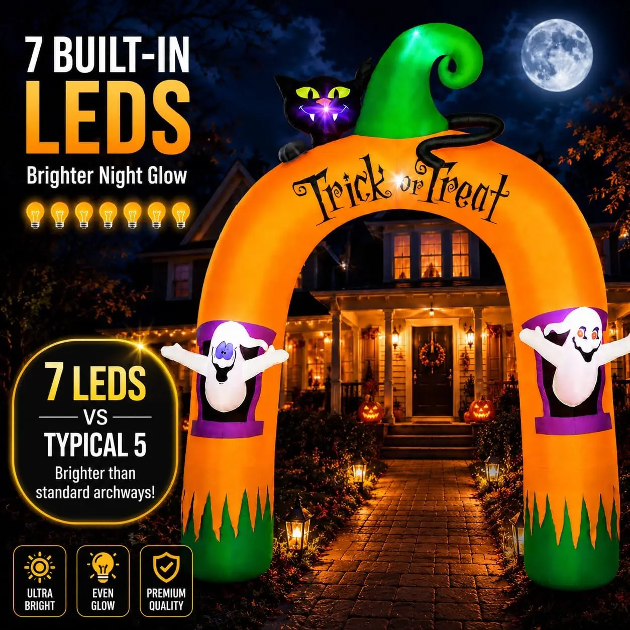 Halloween Inflatable Archway 10Ft with 7 LED Lights, Black Cat & Ghosts Design, Self-Inflating, Weather-Resistant, Foldable Outdoor Yard Decor, Bright Nighttime Glow, Easy Setup, Ideal Lighted Trick-or-Treat Entrance view 2