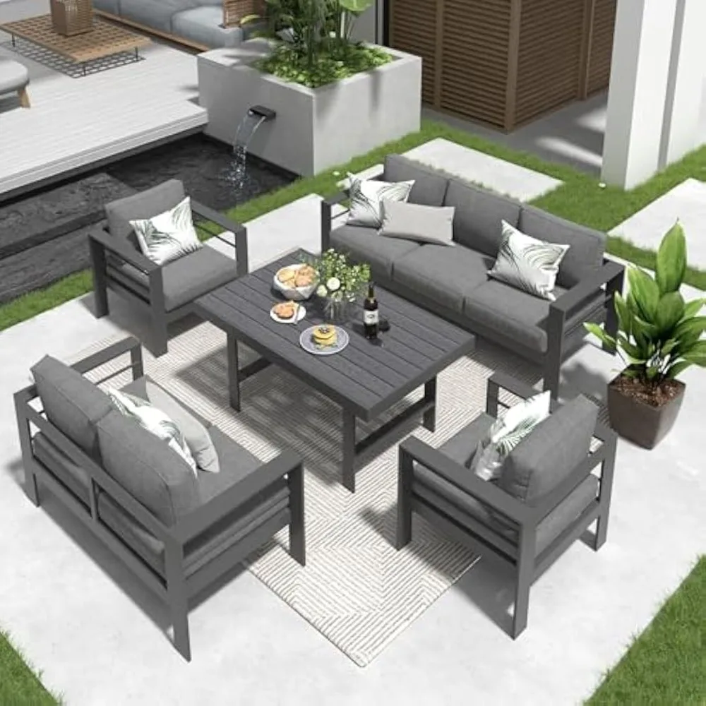 

Aluminum Patio Furniture Set,5 Pieces Modern Outdoor Conversation Set Sectional Sofa with Upgrade Cushion and Dining Table