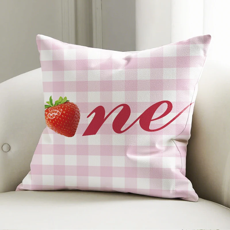 

Pink Gingham Strawberry Pillow Cover, "One" First Birthday Print Cushion Case, Kids Party Sofa Decor Pillow