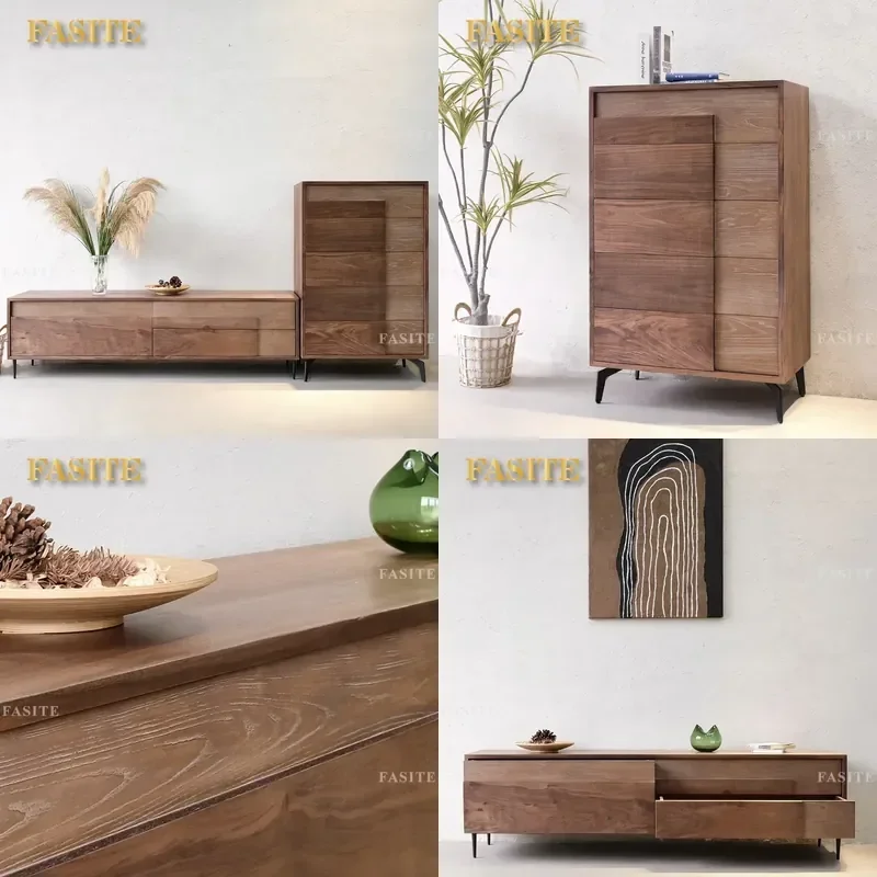 For North American Black Walnut Log TV Cabinet with Drawer Weathered Wood Suspension Solid Wood Furniture Living Room Storage