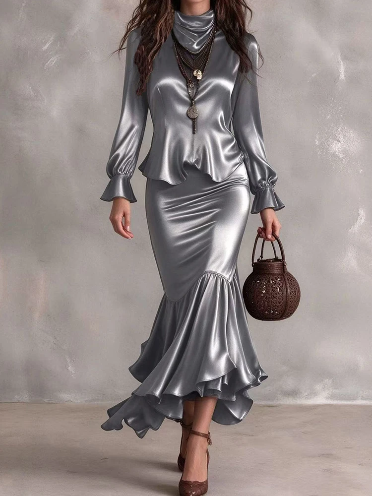 Solid Ruffles Patchwork Sexy Skirt And Top Two Piece Set Elegant Women Spring Skirt Matching Suit Office Lady Chic Skirt Outfits