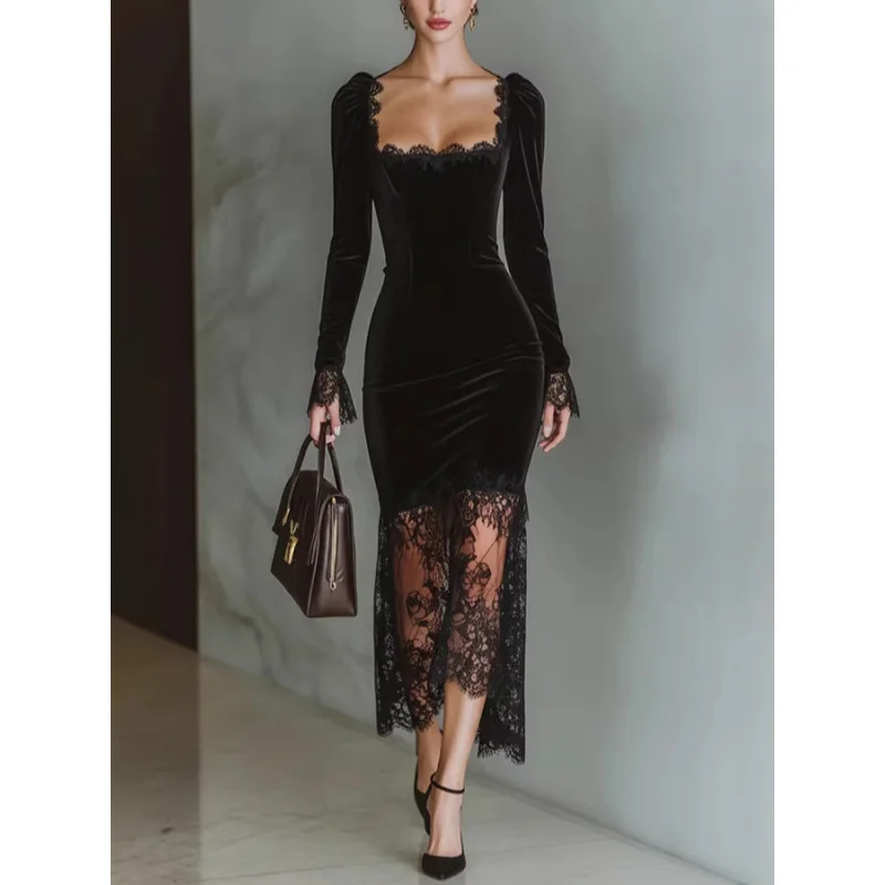 

High-End Black Velvet Lace Square-Neck Dress 2026 New Slim-Fit Elegant Dress