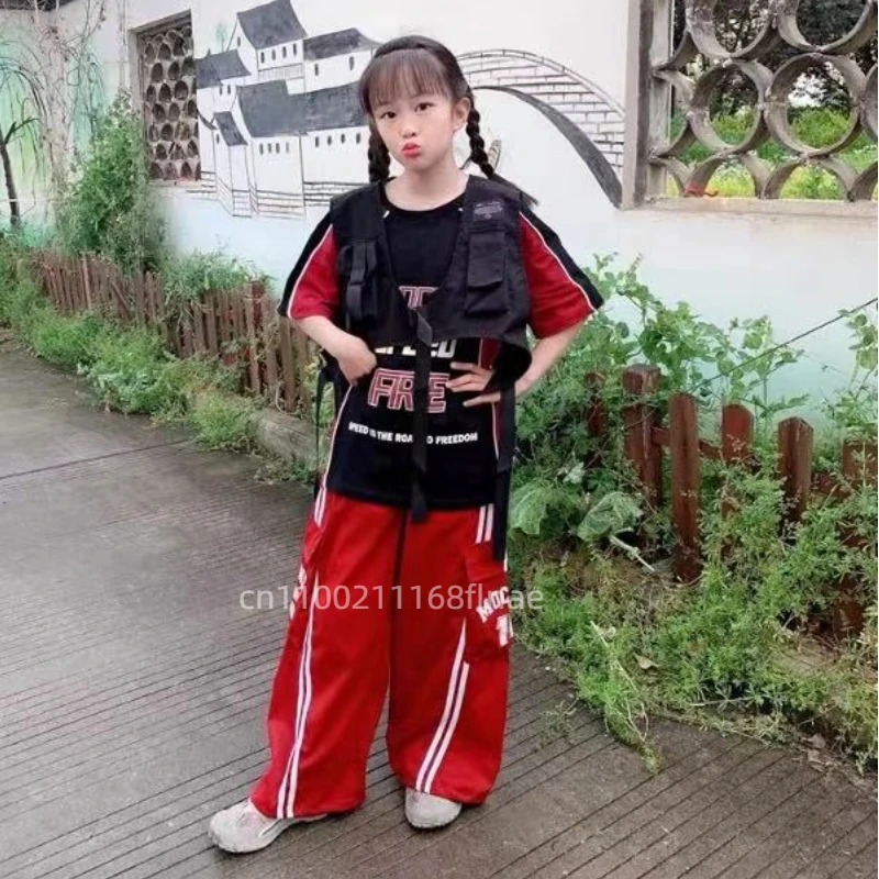 Traje de performance de dança de rua hip-hop infantil, conjunto de colete de hip-hop para meninos, trajes de performance de dança de jazz vermelho e preto