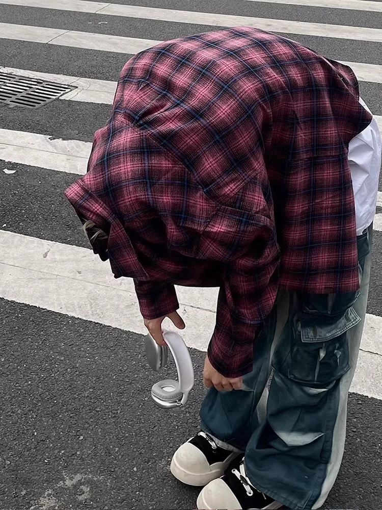 Retro Amerika adient Kotak-kotak Panjang Sve irt ex Musim Gugur Trendi Merek Pasangan Bersorak Irt Mantel Longgar Cocok Muda...