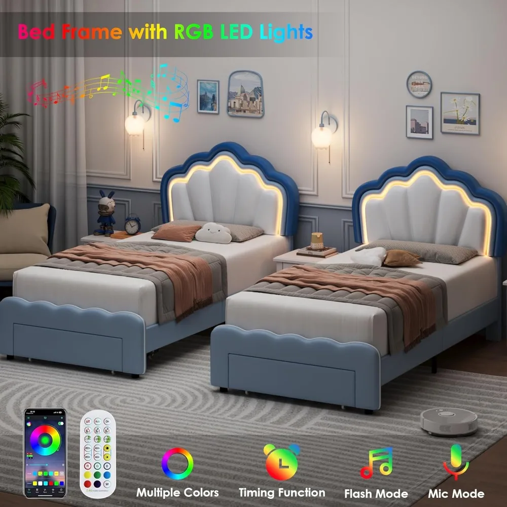 Bingkai tempat tidur LED berlapis kain kembar dengan laci penyimpanan, tempat tidur anak laki-laki dengan Headboard teratai dapat disesuaikan, bingkai tempat tidur Platform kulit imitasi