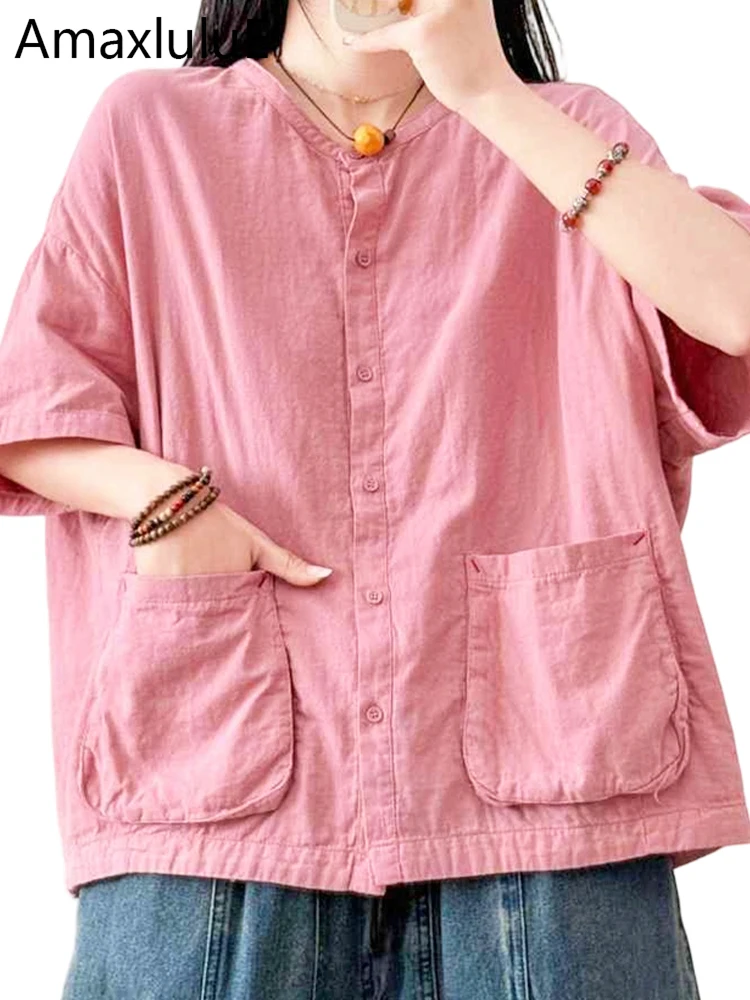 

Amax LuluE 2026 Korean Classic Soild Shirts Womens Vintage Loose Leisure Tops Ladies Summer Fashion Elegant Cotton Linen Blouses