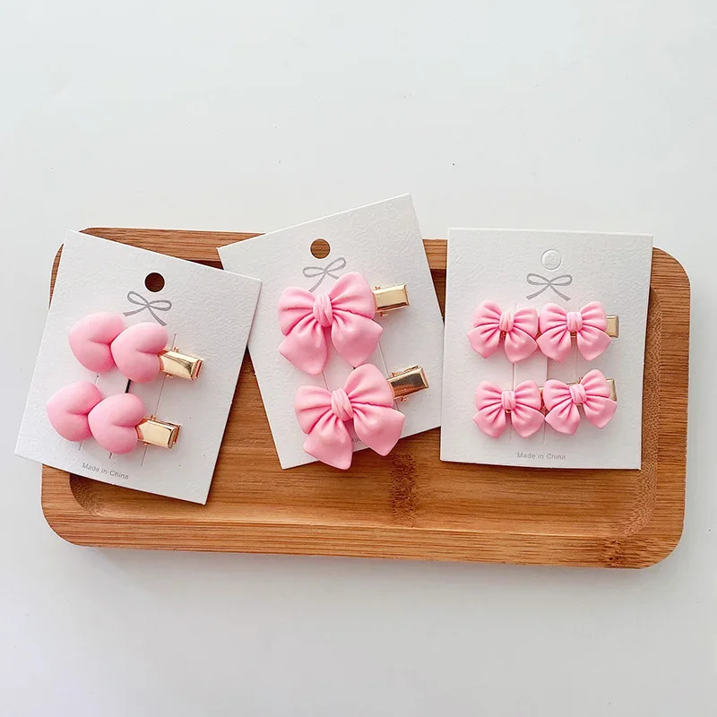 2Pcs Pink Hair Pin for Baby Girl Cute Tie Bow Flower Heart Baby Girl Hair Clips Kawaii  Side Clip Baby Hair Accessories