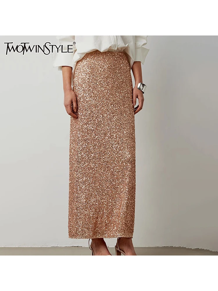 TWOTWINSTYLE Solid Spliced Sequins Luxury Skirts For Women High Waist Spliced Zipper A Line Skinny Party Skirt Female Fashion