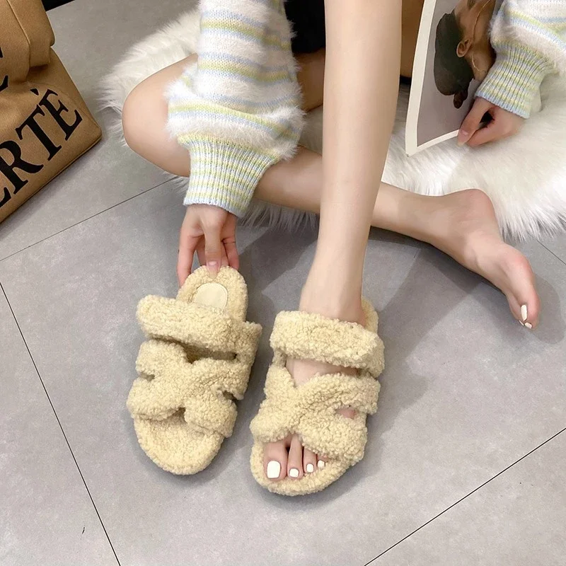 Cow Suede Fur Casual Sandals Women Home Slipper Shoes Flat With Open Toe Solid Spring Autumn Party Big Size Shoes Warm Slip On