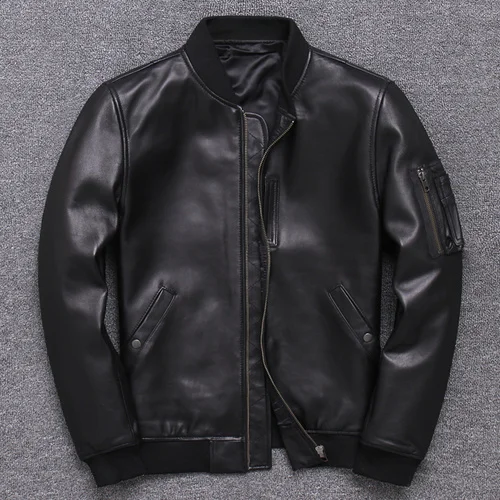 

100% Genuine Mens 2023 Fall New First Layer Sheepskin Pilot Leather Coats Short Stand Collar Baseball Jacket Tide