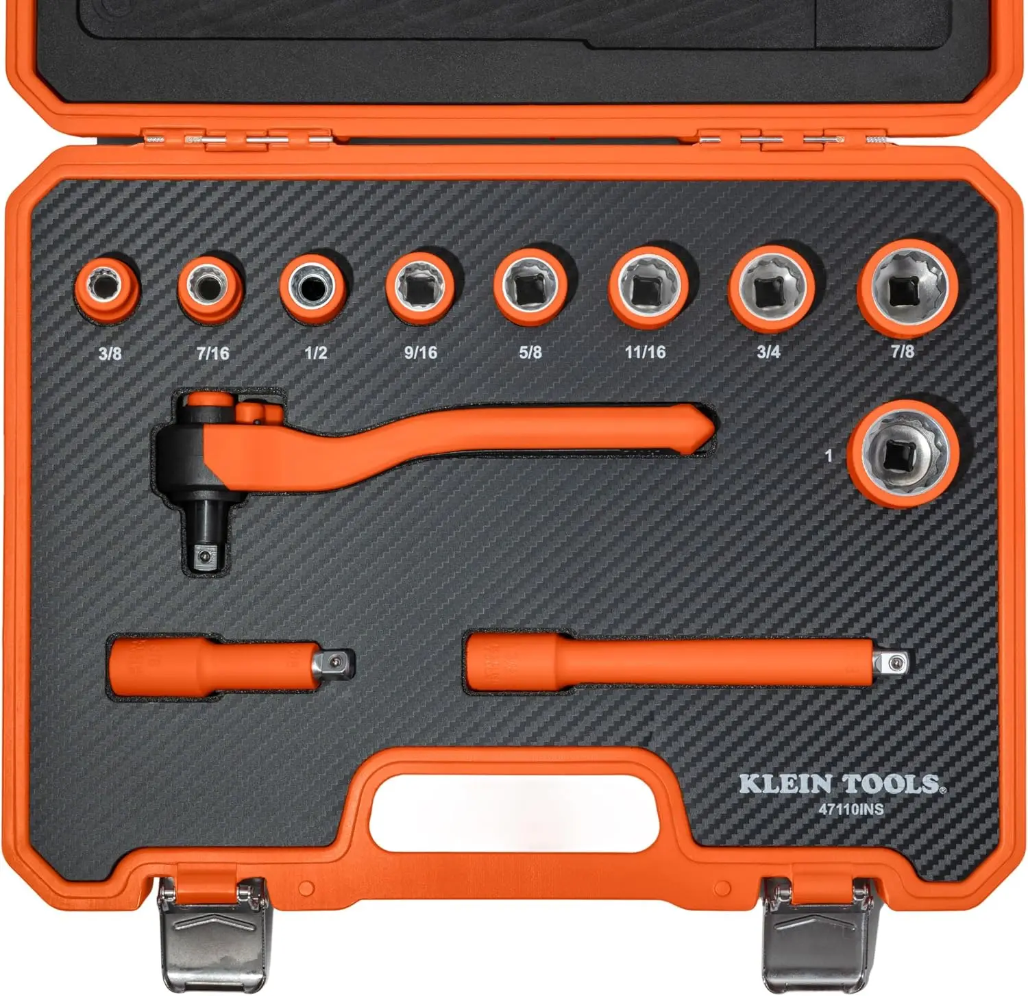 47110INS Insulated Ratchet and Socket Set, 1000V Rated, ASTM F1505 Certified, Includes 3 6-Inch Extension Bars, Class 2 Glove