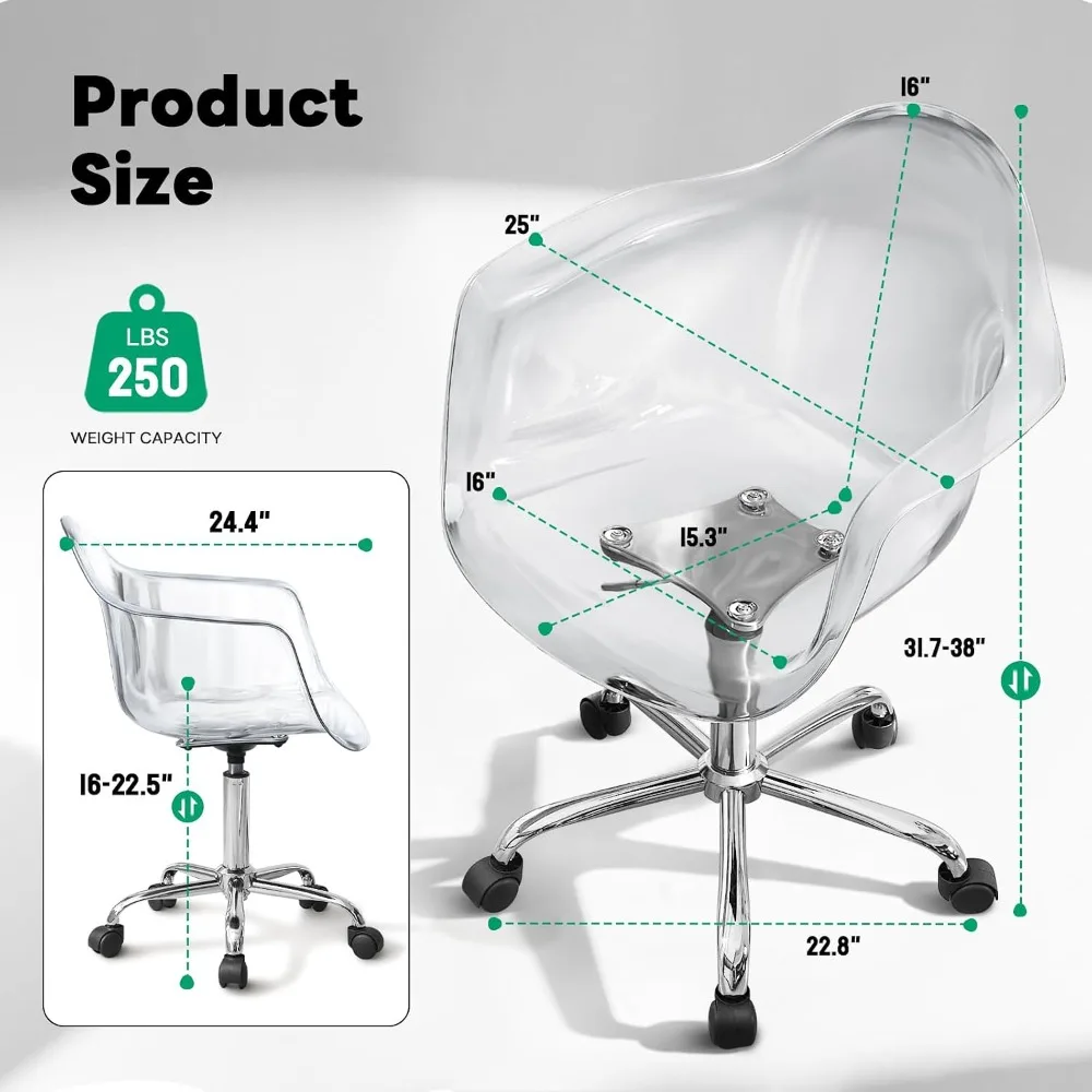Clear Acrylic Desk Chair with Wheels Swivel Adjustable Home Office Vanity Chair
