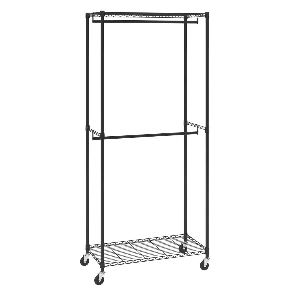 

Heavy Duty Rolling Clothes Rack: Double Rods, Top/Bottom Storage,1'' Steel, Holds 300Lbs