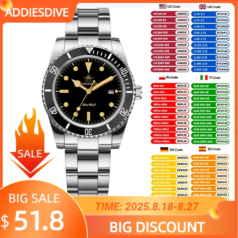 

ADDIESDIVE 39mm Men Watches K1 Mineral Bubble Mirror Glass Stainless Steel Ceramic Bezel Waterproof Luminous Quartz Watch AD2072