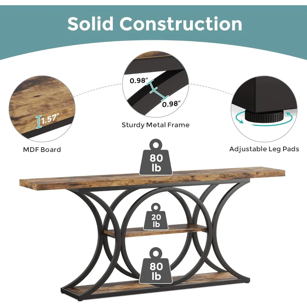 Rustic Industrial Style Extra Long 63 Inch Sofa Table with 3-Tier Storage and Black Metal Frame Console Behind Couch Furniture