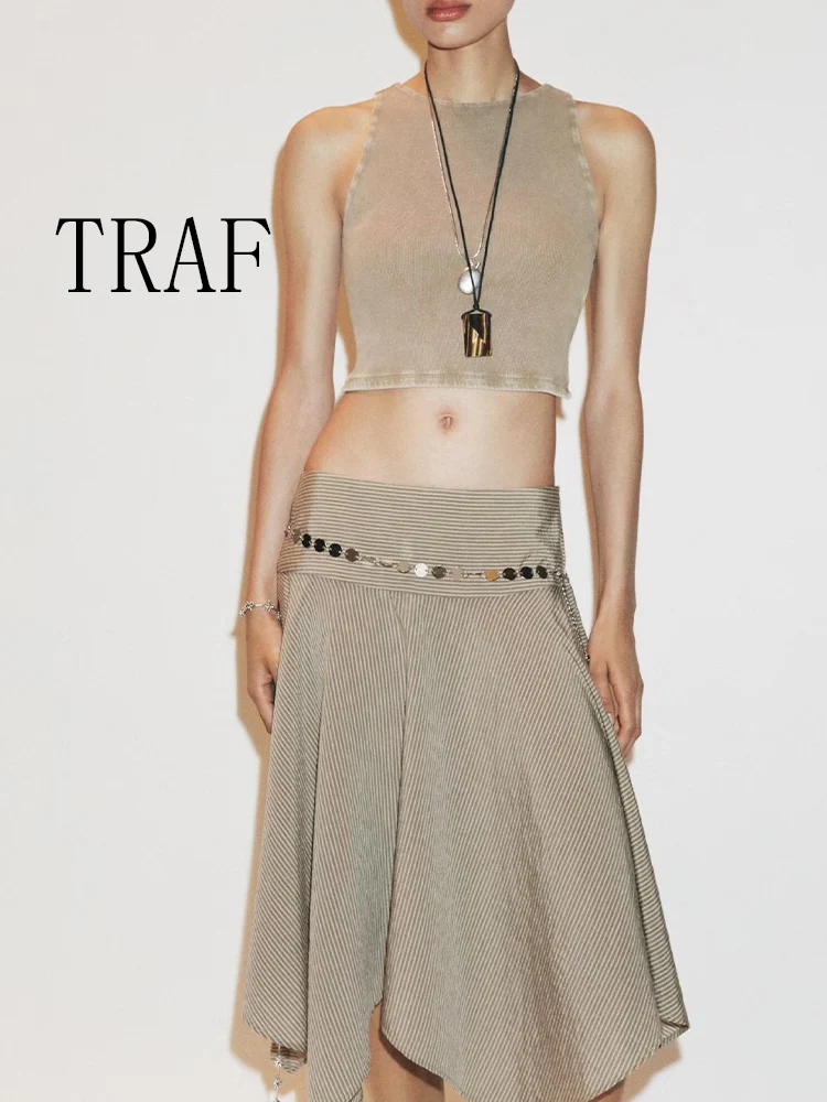 

TRAF европейский и американский стиль, летняя новая модная женская темпераментная простая тонкая полосатая юбка с поясом, асимметричная юбка миди