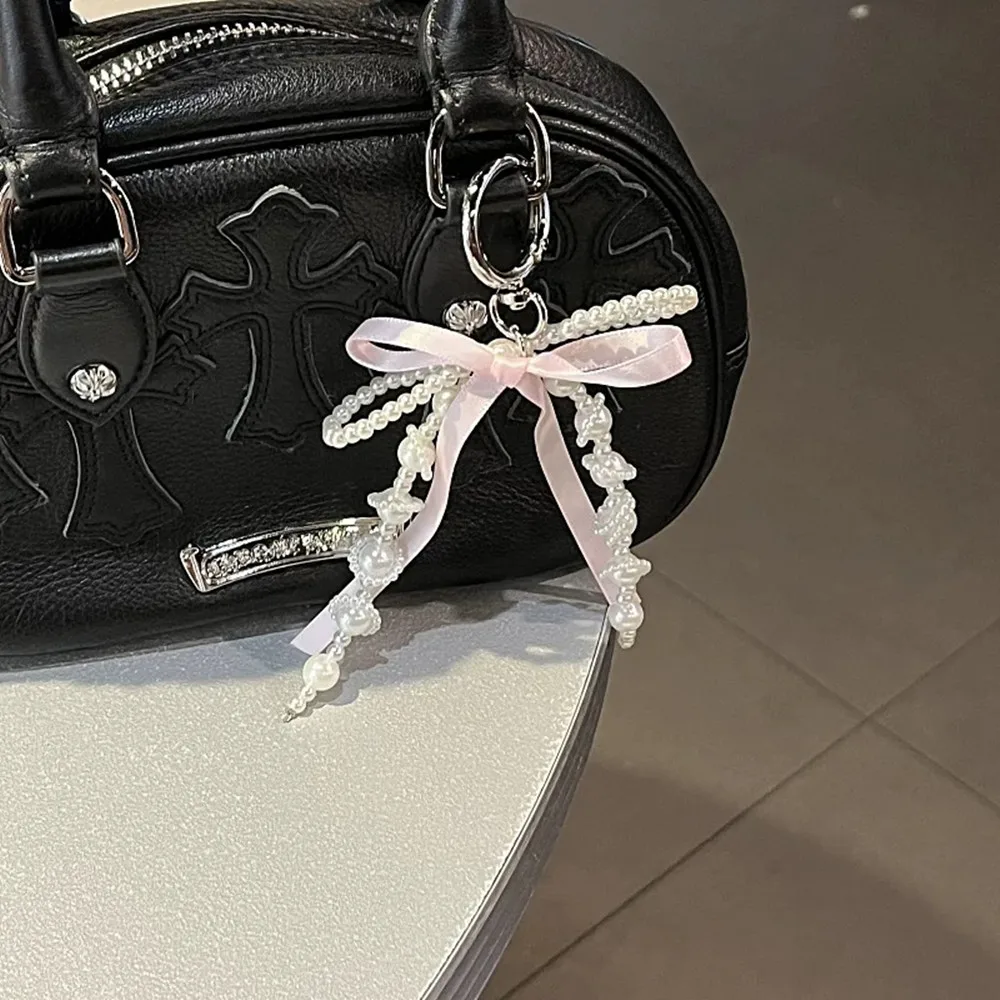 Y2K Pearl Bow Keychain Ribbon Beaded Bag Pendant Pink Bowknot Phone Charm Pendant Lanyard Korean Phone Key Bag Decor Accessories image 2