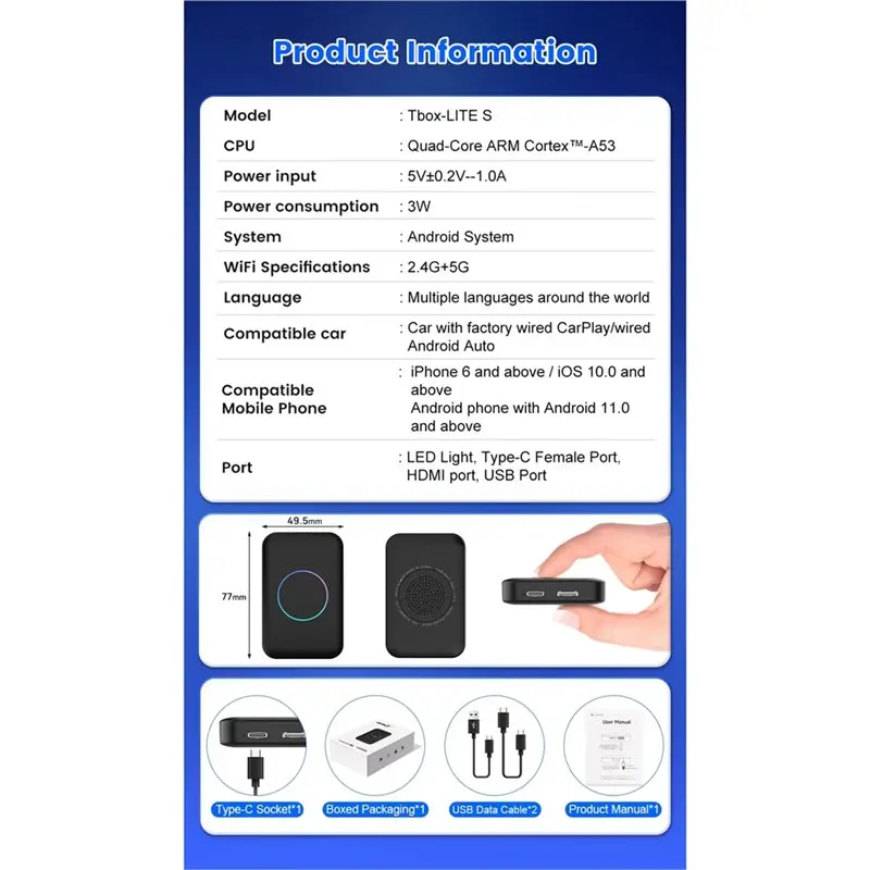 NEW-3In1 AI Smart Box -Compatible Android Auto/Carplay USB Dongle Adapter Carplay Wired-To-Wireless Adapter 2+16GB