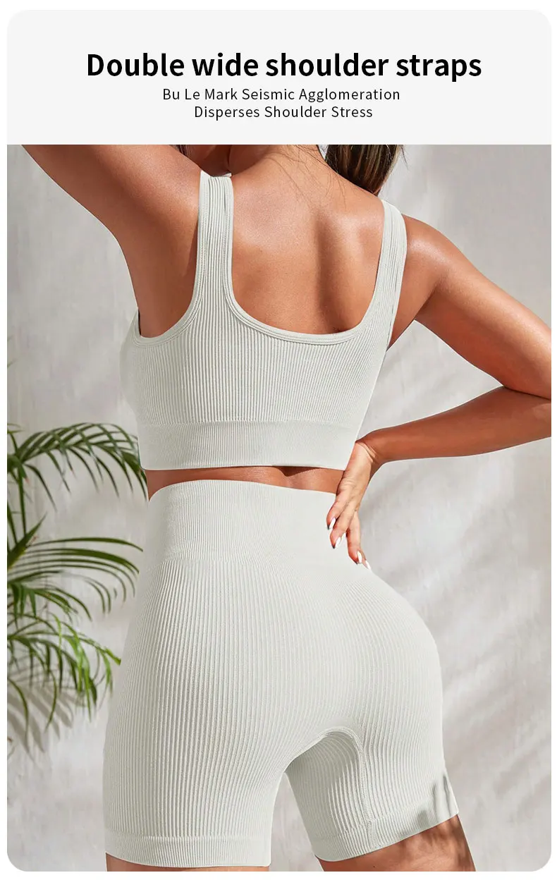 Nahtloses, geripptes Fitness-Set für Damen, einfarbig, gestrickt, 2-teiliges Workout-Outfit, bauchfreies Tanktop, Shorts mit hoher Taille, Yoga, Laufen – Detail 5